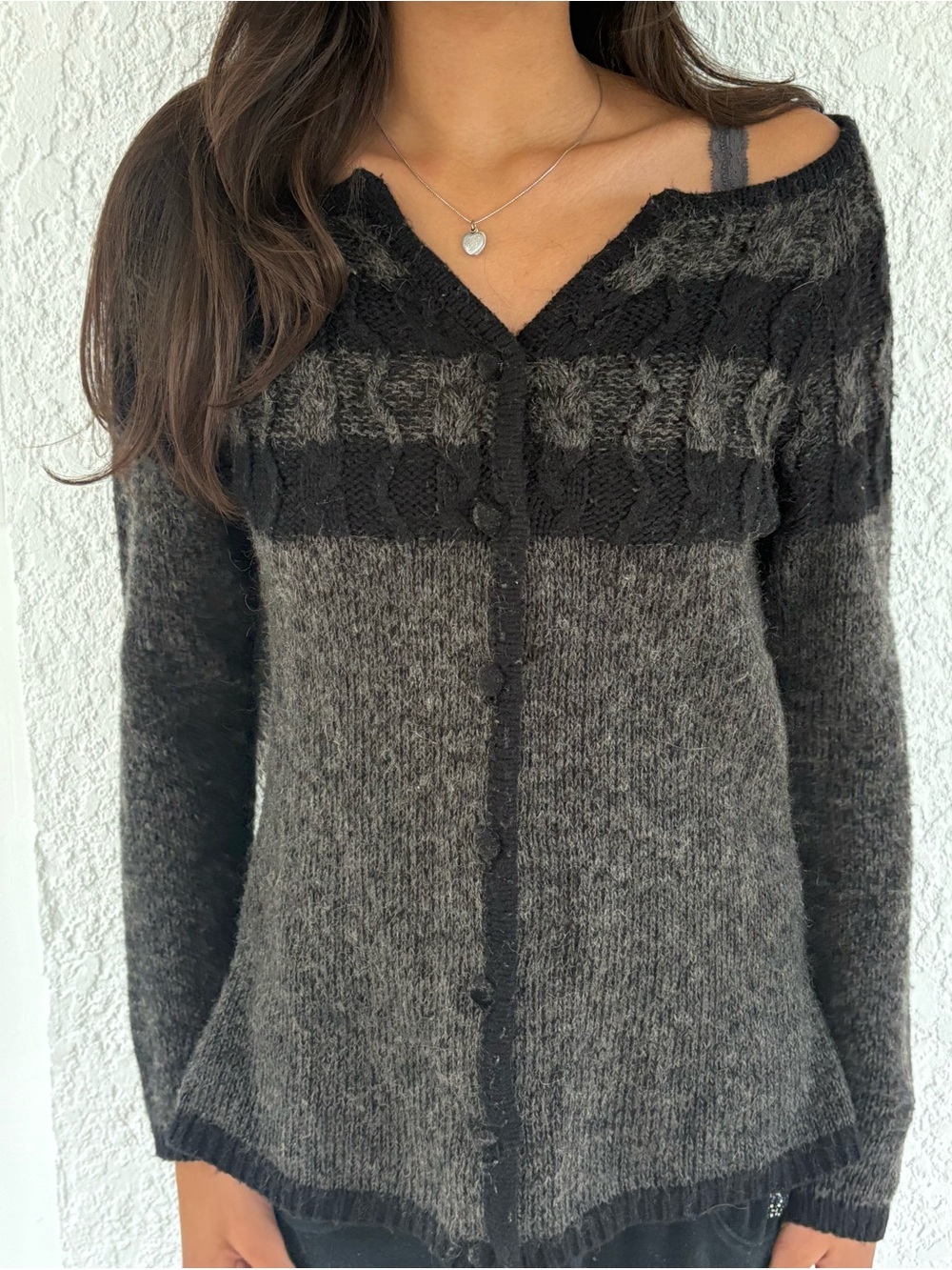 Textured Black and Grey Alternative Striped Button Cardigan